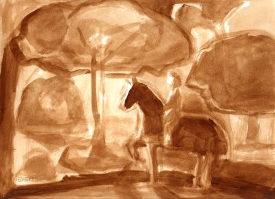 Sunrise With Horse Rider Sepia]  1993   9x12   Direct
