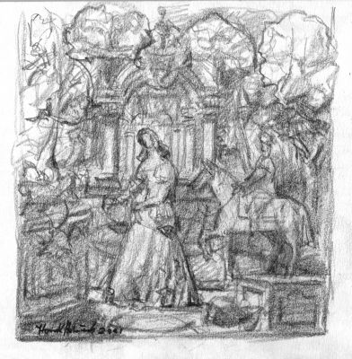 Drawing 112 [Lady, Knight On Horse]   2001   7x7   Direct
